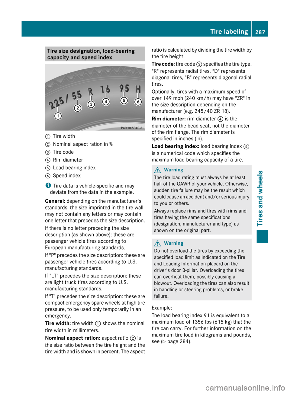 MERCEDES-BENZ C-Class 2011 W204 Owners Manual Tire size designation, load-bearing
capacity and speed index:Tire width;Nominal aspect ration in %=Tire code?Rim diameterALoad bearing indexBSpeed index
i Tire data is vehicle-specific and may
deviate