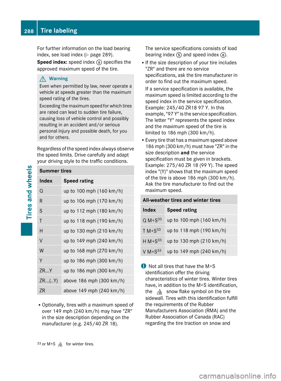 MERCEDES-BENZ C-Class 2011 W204 Owners Manual For further information on the load bearing
index, see load index ( Y page 289).
Speed index:  speed index B specifies the
approved maximum speed of the tire.GWarning
Even when permitted by law, never