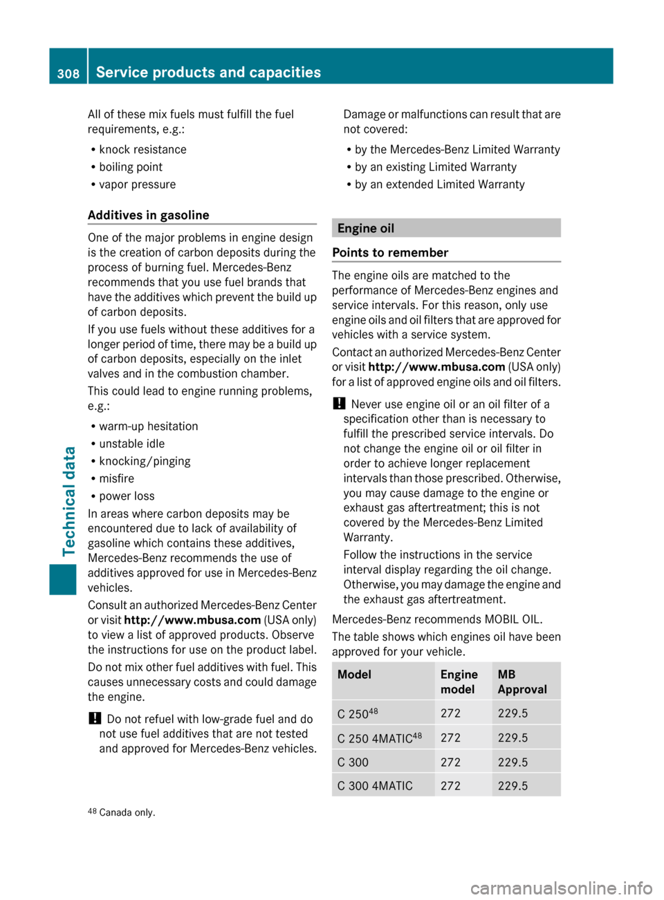 MERCEDES-BENZ C-Class 2011 W204 Manual PDF All of these mix fuels must fulfill the fuel
requirements, e.g.:
R knock resistance
R boiling point
R vapor pressure
Additives in gasoline
One of the major problems in engine design
is the creation of