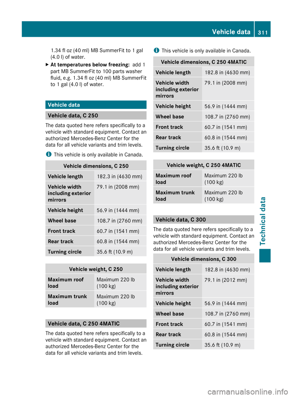 MERCEDES-BENZ C-Class 2011 W204 Owners Manual 1.34 fl oz (40 ml) MB SummerFit to 1 gal
(4.0 l) of water.XAt temperatures below freezing:   add 1
part MB SummerFit to 100 parts washer
fluid, e.g. 1.34 fl oz (40 ml) MB SummerFit
to 1 gal (4.0 l) of