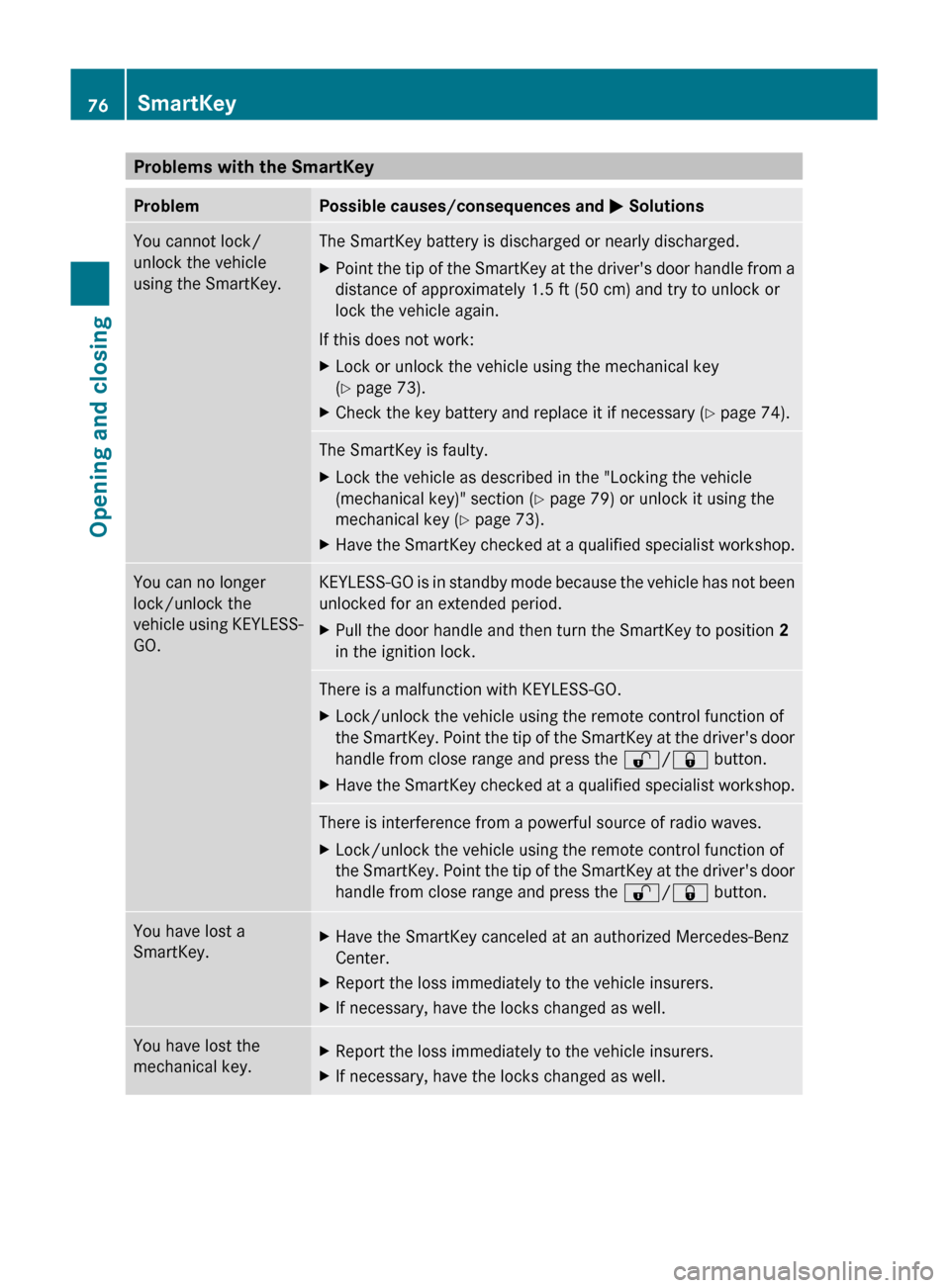 MERCEDES-BENZ C-Class 2011 W204 Manual PDF Problems with the SmartKeyProblemPossible causes/consequences and M SolutionsYou cannot lock/
unlock the vehicle
using the SmartKey.The SmartKey battery is discharged or nearly discharged.XPoint the t MERCEDES-BENZ C-Class 2011 W204 Manual PDF Problems with the SmartKeyProblemPossible causes/consequences and M SolutionsYou cannot lock/
unlock the vehicle
using the SmartKey.The SmartKey battery is discharged or nearly discharged.XPoint the t