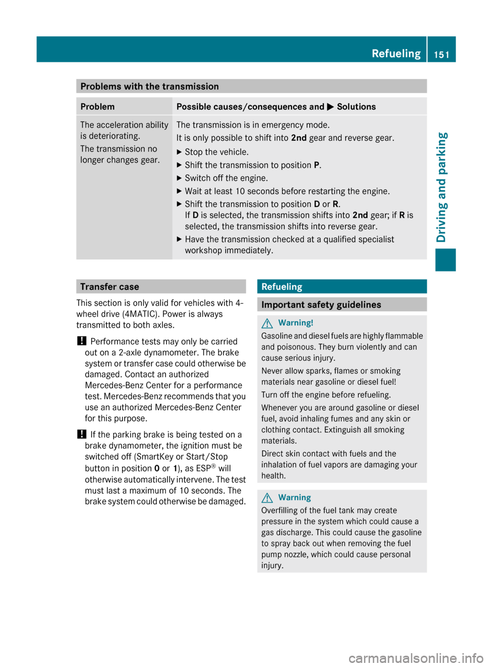 MERCEDES-BENZ M-Class 2011 W164 Owners Manual Problems with the transmissionProblemPossible causes/consequences and M SolutionsThe acceleration ability
is deteriorating.
The transmission no
longer changes gear.The transmission is in emergency mod MERCEDES-BENZ M-Class 2011 W164 Owners Manual Problems with the transmissionProblemPossible causes/consequences and M SolutionsThe acceleration ability
is deteriorating.
The transmission no
longer changes gear.The transmission is in emergency mod