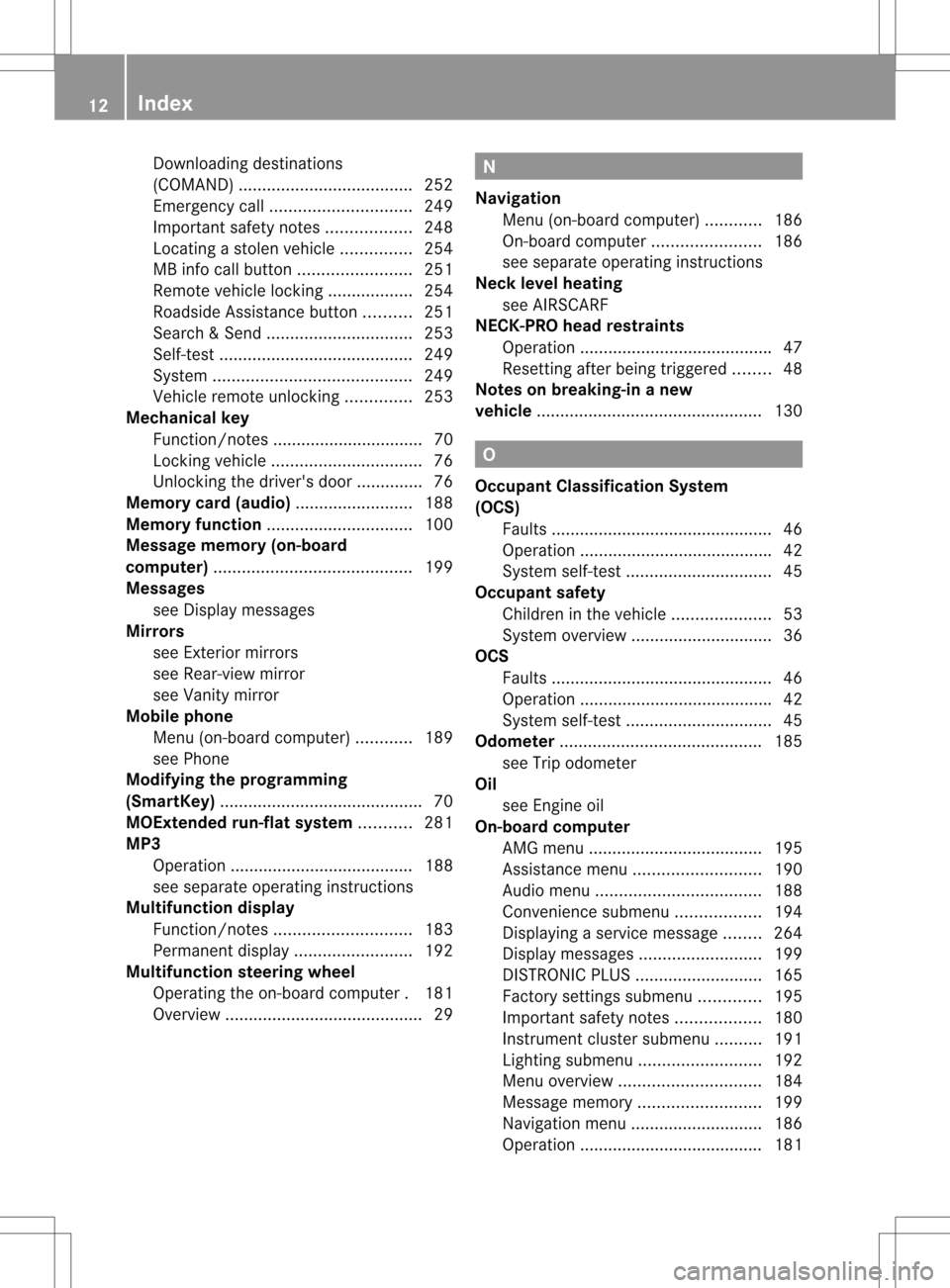 MERCEDES-BENZ SLK250 2012 R172 Owners Manual Downloading destinations
(COMAND)
..................................... 252
Emergency call .............................. 249
Important safety notes ..................248
Locating astolen vehicl e....