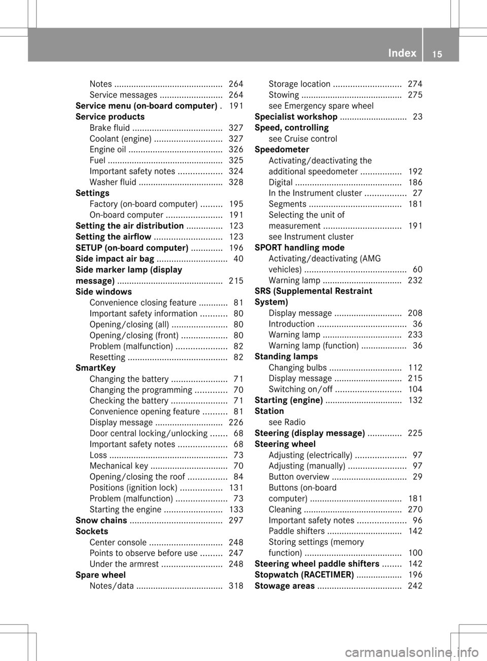 MERCEDES-BENZ SLK55AMG 2012 R172 User Guide Notes
............................................. 264
Service messages ..........................264
Service menu (on-board computer) .191
Service products Brake fluid .............................. MERCEDES-BENZ SLK55AMG 2012 R172 User Guide Notes
............................................. 264
Service messages ..........................264
Service menu (on-board computer) .191
Service products Brake fluid ..............................