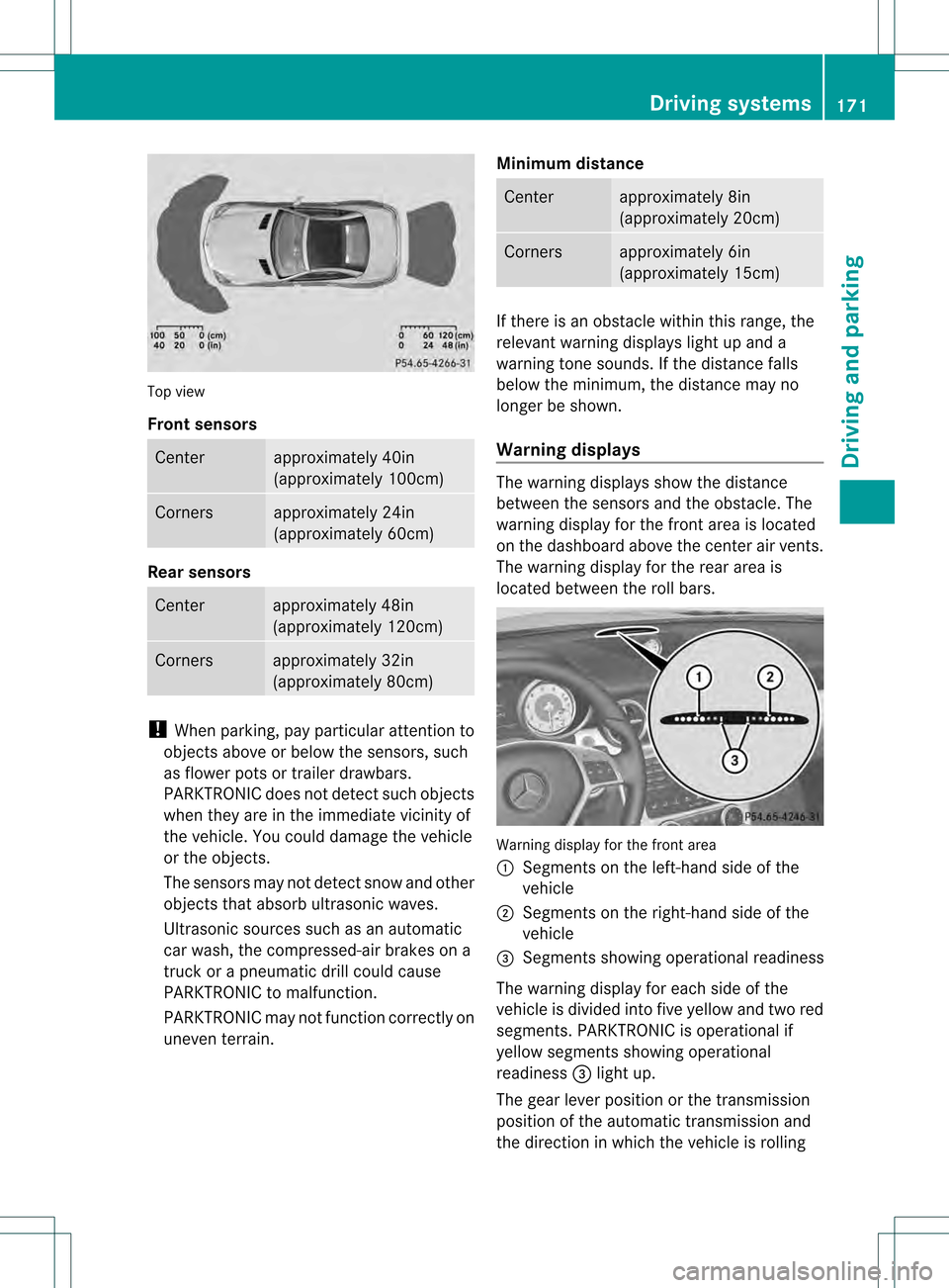 MERCEDES-BENZ SLK350 2012 R172 Owners Manual Top view
Front sensors
Center approximately 40in
(approximately 100cm)
Corners approximately 24in
(approximately 60cm)
Rear sensors
Center approximately 48in
(approximately 120cm)
Corners approximatel