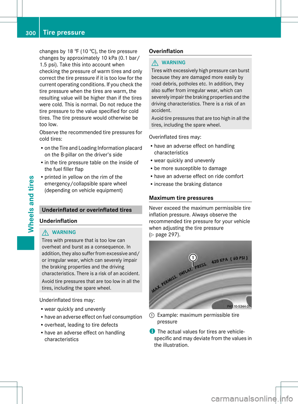 MERCEDES-BENZ SLK350 2012 R172 Owners Guide changes by 18 ‡ (10 †), the tire pressure
changes by approximately 10 kPa (0.1 bar/
1.5 psi). Take this into account when
checking the pressure of warm tires and only
correct the tire pressure if 