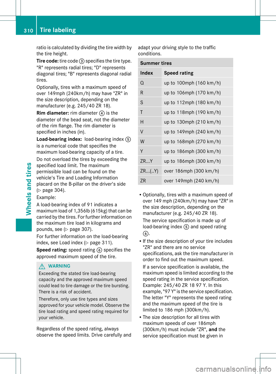 MERCEDES-BENZ SLK350 2012 R172 Owners Manual ratio is calculated by dividing the tire width by
the tire height.
Tire code:
tire code0023specifies the tire type.
"R" represents radial tires; "D" represents
diagonal tires; "B" represents diagonal MERCEDES-BENZ SLK350 2012 R172 Owners Manual ratio is calculated by dividing the tire width by
the tire height.
Tire code:
tire code0023specifies the tire type.
"R" represents radial tires; "D" represents
diagonal tires; "B" represents diagonal