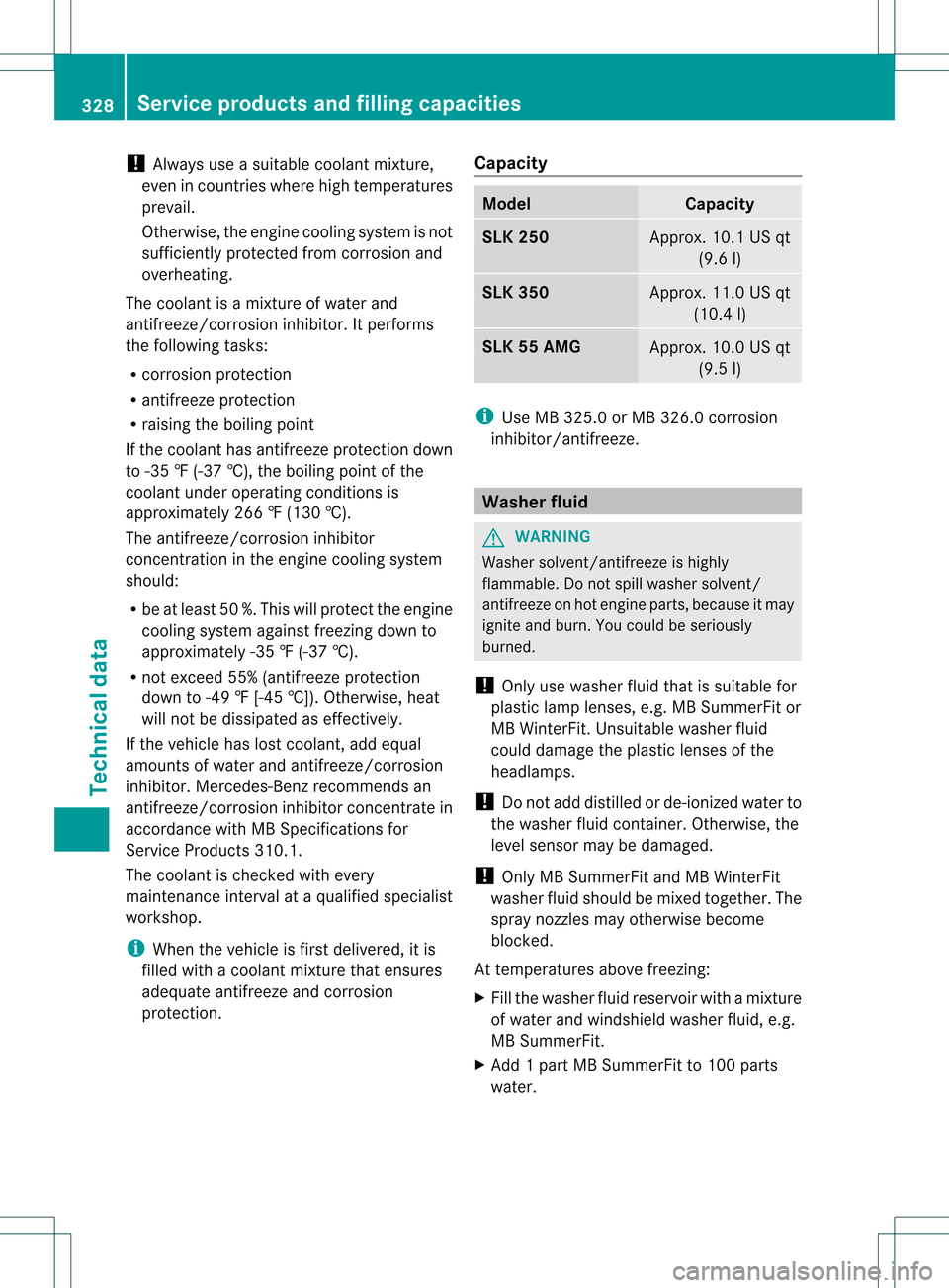 MERCEDES-BENZ SLK250 2012 R172 Owners Manual !
Always use a suitable coolant mixture,
even in countries where high temperatures
prevail.
Otherwise, the engine cooling system is not
sufficiently protected from corrosion and
overheating.
The coola