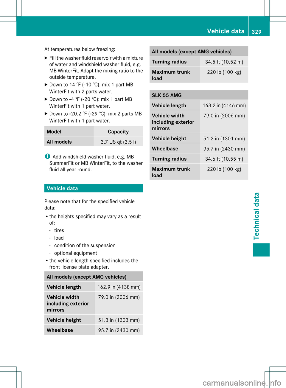 MERCEDES-BENZ SLK55AMG 2012 R172 Owners Manual At temperatures below freezing:
X
Fill the washe rfluid reservoir with a mixture
of water and windshield washer fluid, e.g.
MB WinterFit. Adapt the mixing ratio to the
outside temperature.
X Down to 1