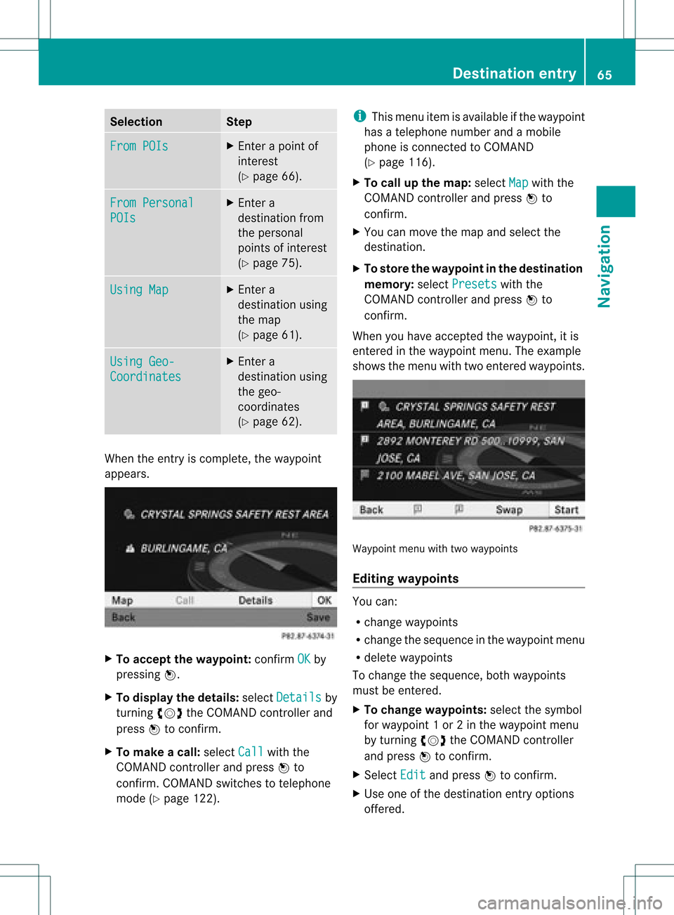 MERCEDES-BENZ C-Class 2012 W204 Comand Manual Selec
tion Step
From
POIs X
Ent erapoint of
interest
(Y page 66). From
Personal POIs X
Ent era
destination from
the personal
points ofinterest
(Y page 75). Using
Map X
Ent era
destination using
the ma