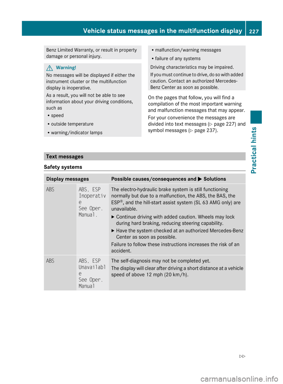 MERCEDES-BENZ SL550 2012 R230 Owners Manual Benz Limited Warranty, or result in property
damage or personal injury.GWarning!
No messages will be displayed if either the
instrument cluster or the multifunction
display is inoperative.
As a result