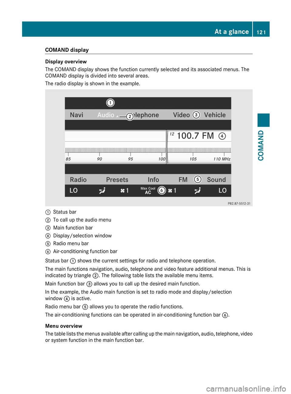MERCEDES-BENZ S-Class 2012 W221 Owners Manual COMAND display
Display overview
The COMAND display shows the function currently selected and its associated menus. The
COMAND display is divided into several areas.
The radio display is shown in the e