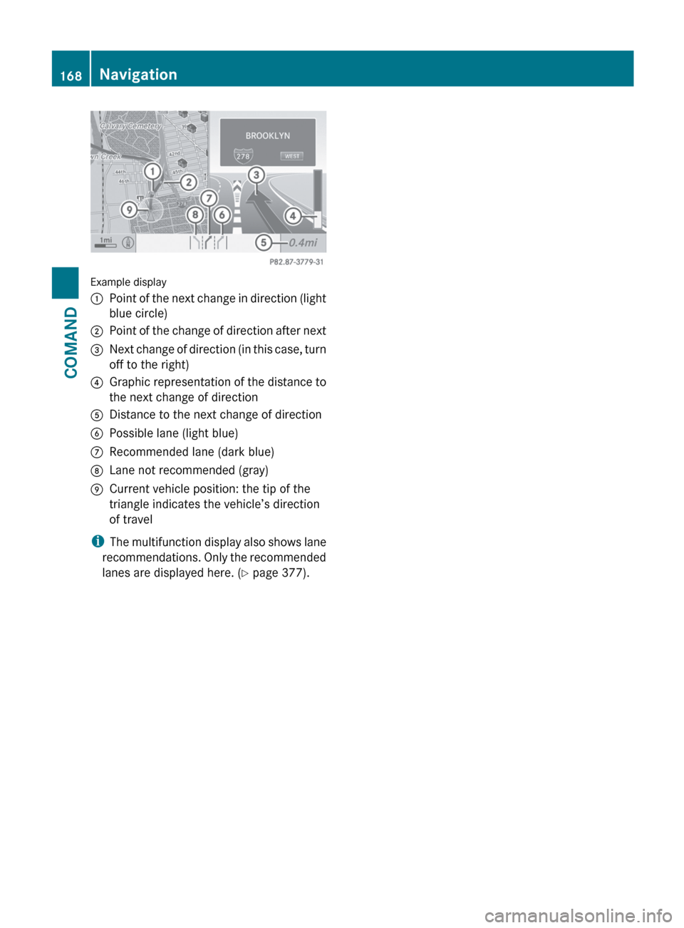 MERCEDES-BENZ S-Class 2012 W221 Owners Manual Example display
:Point of the next change in direction (light
blue circle);Point of the change of direction after next=Next change of direction (in this case, turn
off to the right)?Graphic representa