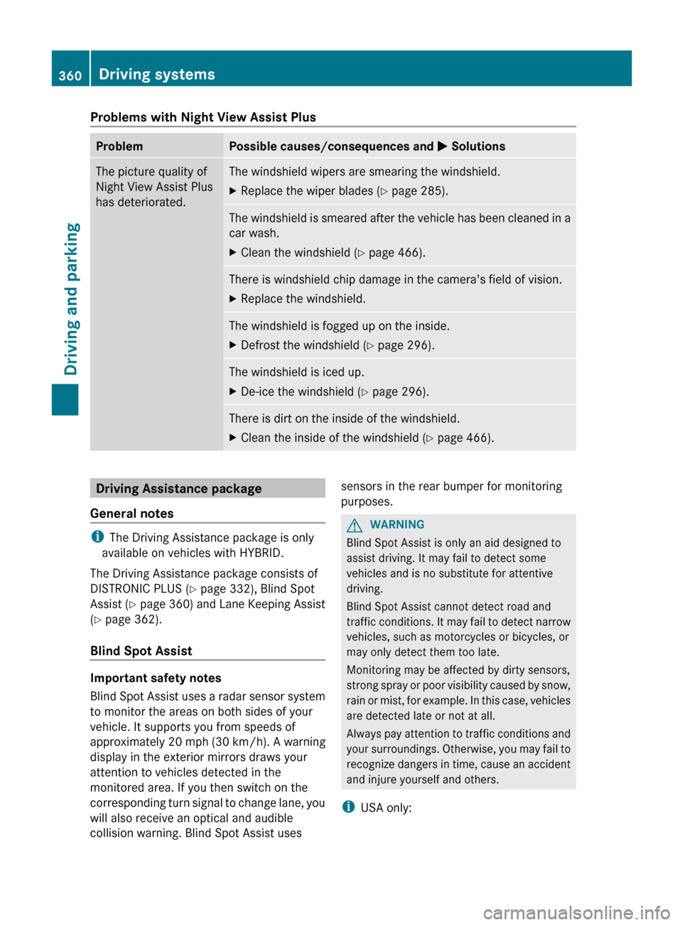 MERCEDES-BENZ S-Class 2012 W221 Owners Manual Problems with Night View Assist PlusProblemPossible causes/consequences and M SolutionsThe picture quality of
Night View Assist Plus
has deteriorated.The windshield wipers are smearing the windshield. MERCEDES-BENZ S-Class 2012 W221 Owners Manual Problems with Night View Assist PlusProblemPossible causes/consequences and M SolutionsThe picture quality of
Night View Assist Plus
has deteriorated.The windshield wipers are smearing the windshield.
