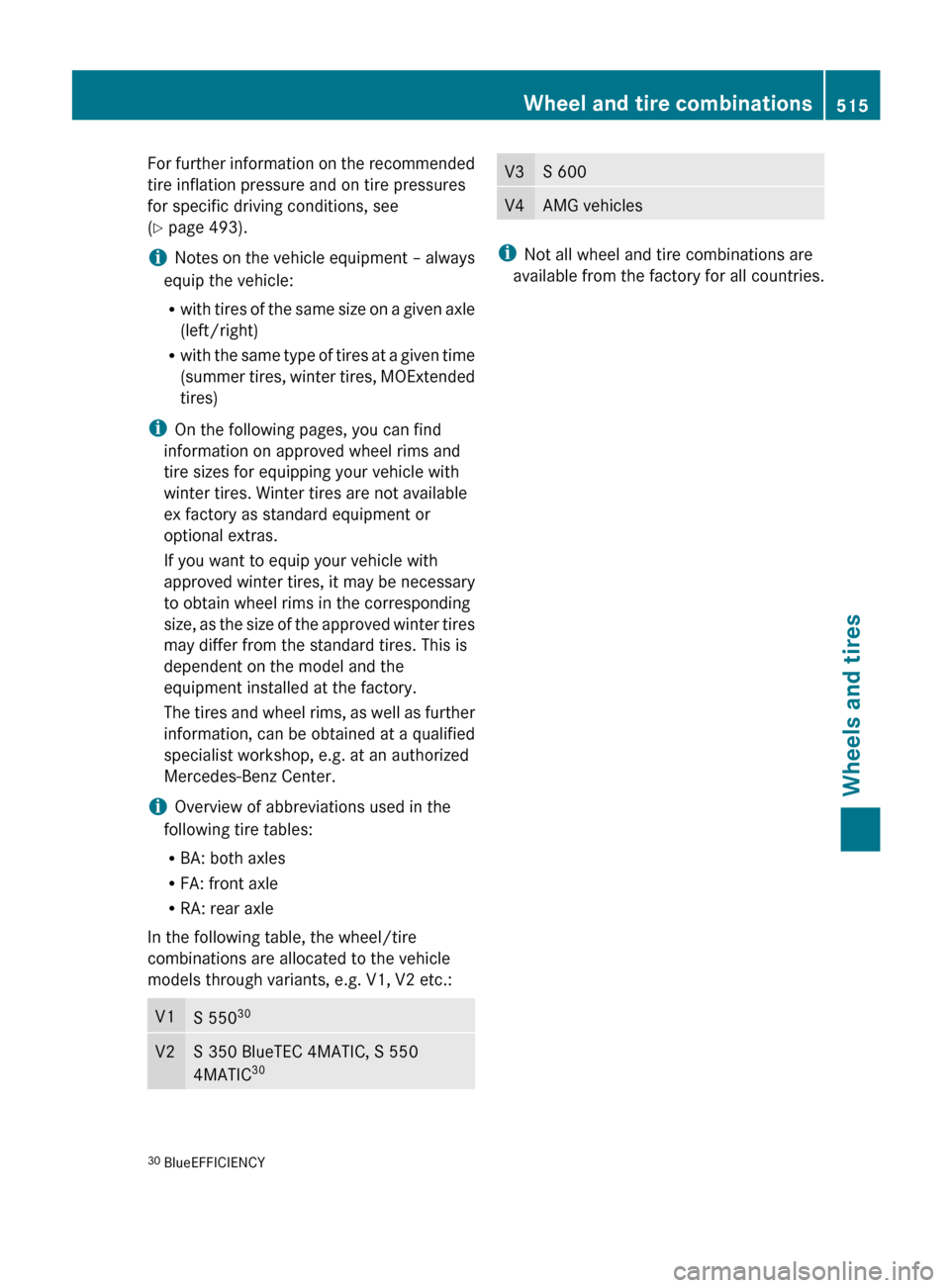 MERCEDES-BENZ S-Class 2012 W221 Owners Manual For further information on the recommended
tire inflation pressure and on tire pressures
for specific driving conditions, see
( Y page 493).
i Notes on the vehicle equipment – always
equip the vehi MERCEDES-BENZ S-Class 2012 W221 Owners Manual For further information on the recommended
tire inflation pressure and on tire pressures
for specific driving conditions, see
( Y page 493).
i Notes on the vehicle equipment – always
equip the vehi