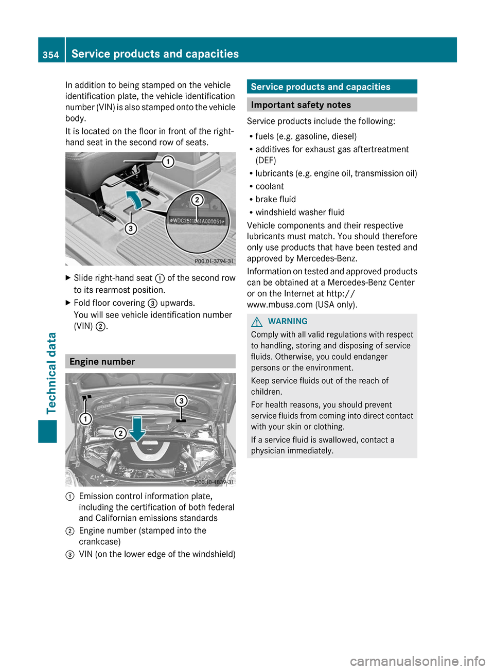 MERCEDES-BENZ R-Class 2012 W251 Owners Manual In addition to being stamped on the vehicle
identification plate, the vehicle identification
number (VIN) is also stamped onto the vehicle
body.
It is located on the floor in front of the right-
hand 