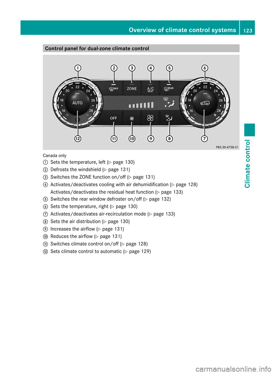 MERCEDES-BENZ M-Class 2012 W166 Owners Manual 
Cont
rolpanel fordual-zone climatecont rol Canad
aon ly
: Setsth ete mper ature,left (Ypage 130)
; Defrost sth ewind shield(Y page 131)
= Swit ches theZONE function on/of f(Y page 131)
? Activate s/d