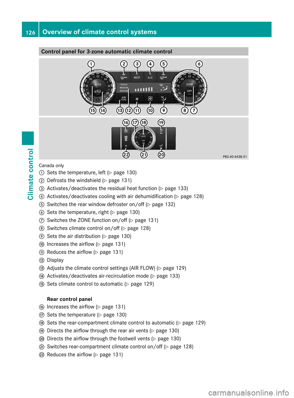 MERCEDES-BENZ M-Class 2012 W166 Owners Manual 
Cont
rolpanel for3-zone autom atic clim atecont rol Canad
aon ly
: Setsth ete mper ature,left (Ypage 130)
; Defrost sth ewind shield(Y page 131)
= Activate s/deac tivate sth eres idual heatfunction (