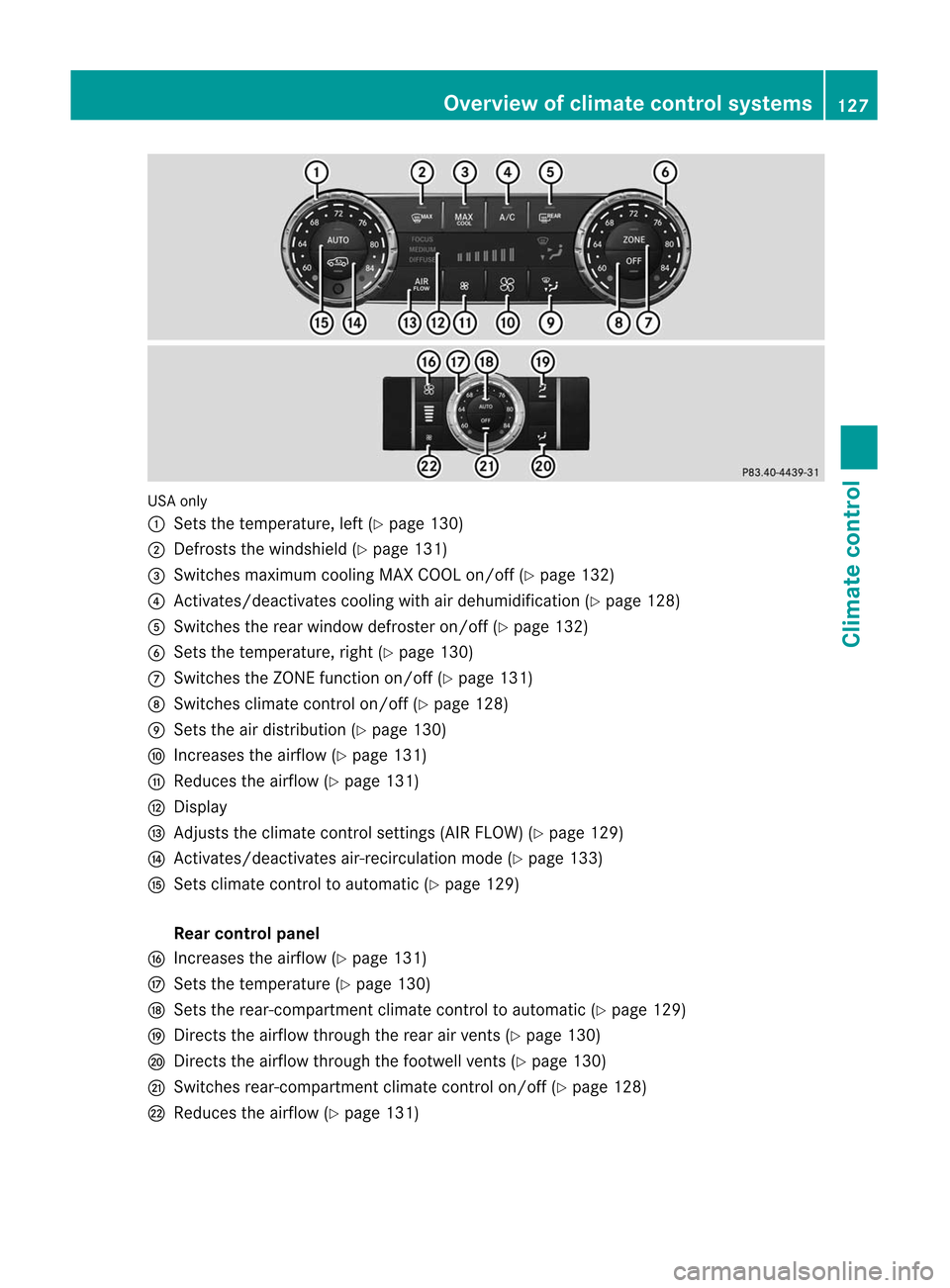 MERCEDES-BENZ M-Class 2012 W166 Owners Manual
USA
only
: Sets thetemperature, left(Ypage 130)
; Defrosts thewindshiel d(Y page 131)
= Switches maximum coolingMAXCOOL on/off (Ypage 132)
? Activates/deactivates coolingwithairdehumid ification(Ypag MERCEDES-BENZ M-Class 2012 W166 Owners Manual
USA
only
: Sets thetemperature, left(Ypage 130)
; Defrosts thewindshiel d(Y page 131)
= Switches maximum coolingMAXCOOL on/off (Ypage 132)
? Activates/deactivates coolingwithairdehumid ification(Ypag