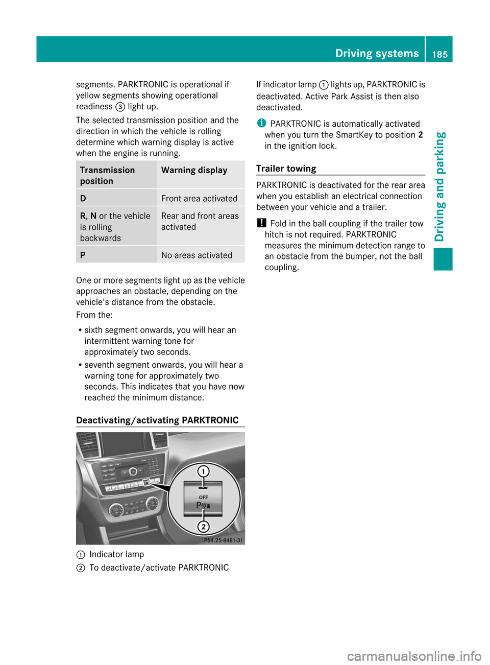 MERCEDES-BENZ M-Class 2012 W166 Owners Manual
segments.
PARKTRONIC isoperational if
yell ow segments showingoperational
readiness =light up.
The selected transmission positionandthe
direction inwhich thevehicle isrolling
determine whichwarning d MERCEDES-BENZ M-Class 2012 W166 Owners Manual
segments.
PARKTRONIC isoperational if
yell ow segments showingoperational
readiness =light up.
The selected transmission positionandthe
direction inwhich thevehicle isrolling
determine whichwarning d