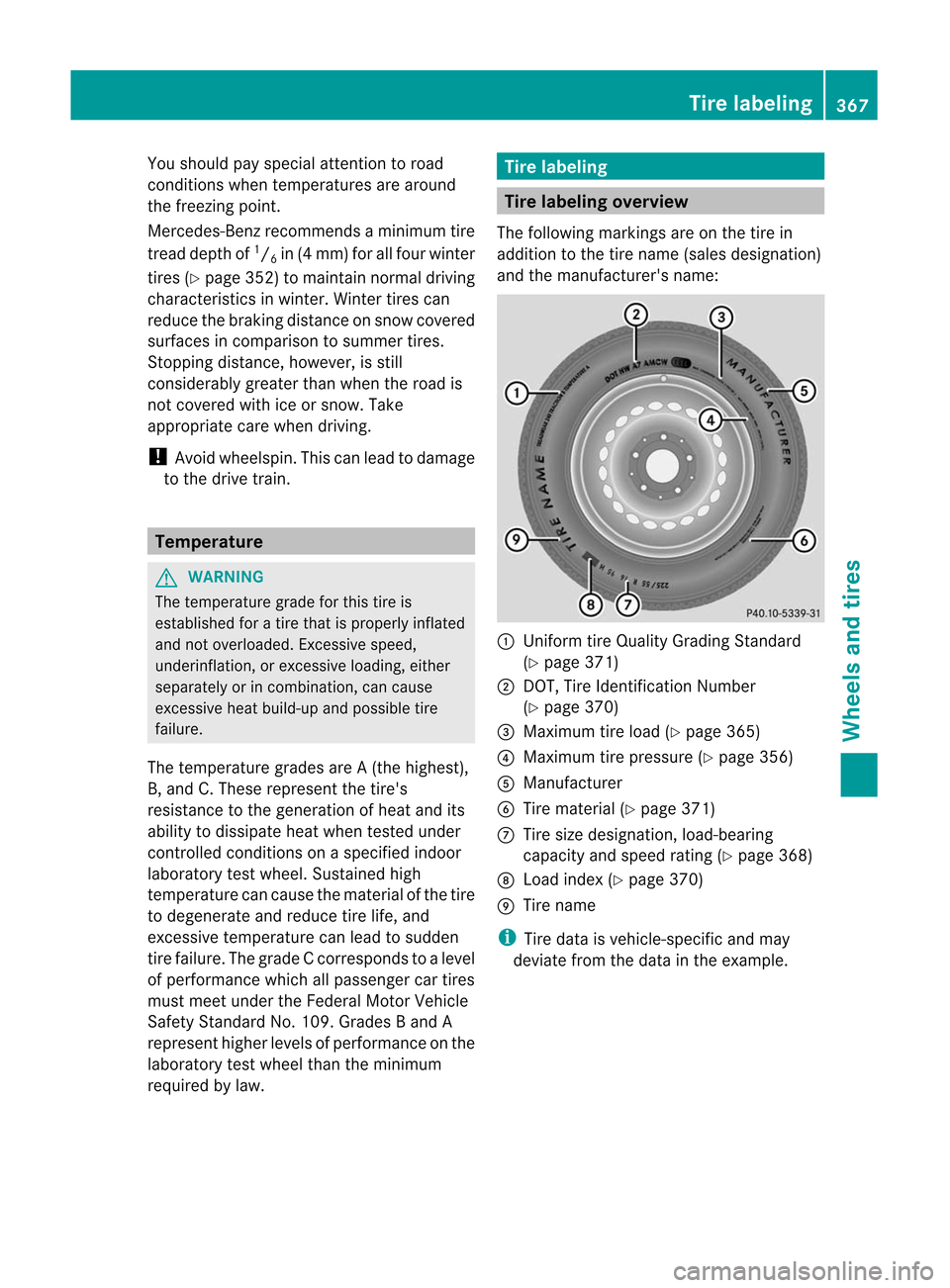 MERCEDES-BENZ M-Class 2012 W166 Owners Manual
You
should payspec ialattent ion toroad
con dition swhen temperat uresarearound
the free zingpoint .
Merc edes- Benzrecomm endsaminimum tire
tread depth of1
/ 6in
(4 mm) forallfour winter
tires (Ypag MERCEDES-BENZ M-Class 2012 W166 Owners Manual
You
should payspec ialattent ion toroad
con dition swhen temperat uresarearound
the free zingpoint .
Merc edes- Benzrecomm endsaminimum tire
tread depth of1
/ 6in
(4 mm) forallfour winter
tires (Ypag