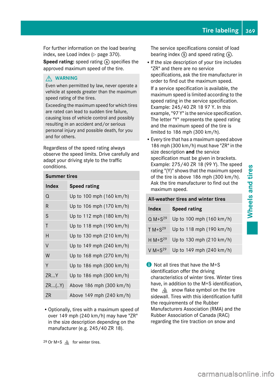 MERCEDES-BENZ M-Class 2012 W166 User Guide 
For
furth erinfor mationonthe loadbea ring
inde x,see Loadinde x(Ypage 370).
Speed rating: speed ratingB specifies the
approved maximum speedofthe tire. G
WARN
ING Even
when permit tedbylaw, never op