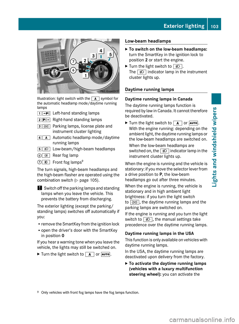 MERCEDES-BENZ GLK-Class 2012 X204 Owners Manual Illustration: light switch with the c symbol for
the automatic headlamp mode/daytime running
lamps
1 WLeft-hand standing lamps2XRight-hand standing lamps3TParking lamps, license plate and
instrument c