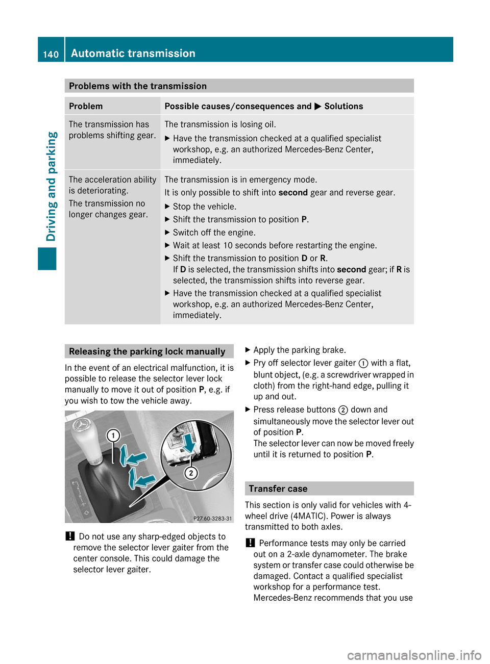 MERCEDES-BENZ GLK-Class 2012 X204 Owners Manual Problems with the transmissionProblemPossible causes/consequences and M SolutionsThe transmission has
problems shifting gear.The transmission is losing oil.XHave the transmission checked at a qualifie MERCEDES-BENZ GLK-Class 2012 X204 Owners Manual Problems with the transmissionProblemPossible causes/consequences and M SolutionsThe transmission has
problems shifting gear.The transmission is losing oil.XHave the transmission checked at a qualifie