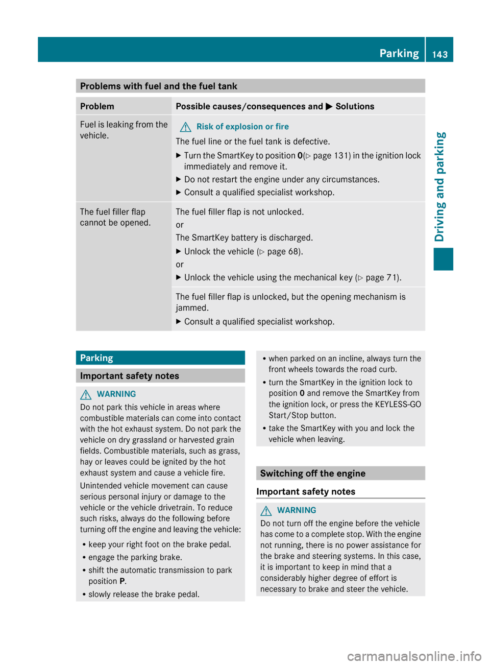 MERCEDES-BENZ GLK-Class 2012 X204 Owners Manual Problems with fuel and the fuel tankProblemPossible causes/consequences and M SolutionsFuel is leaking from the
vehicle.GRisk of explosion or fire
The fuel line or the fuel tank is defective.
XTurn th