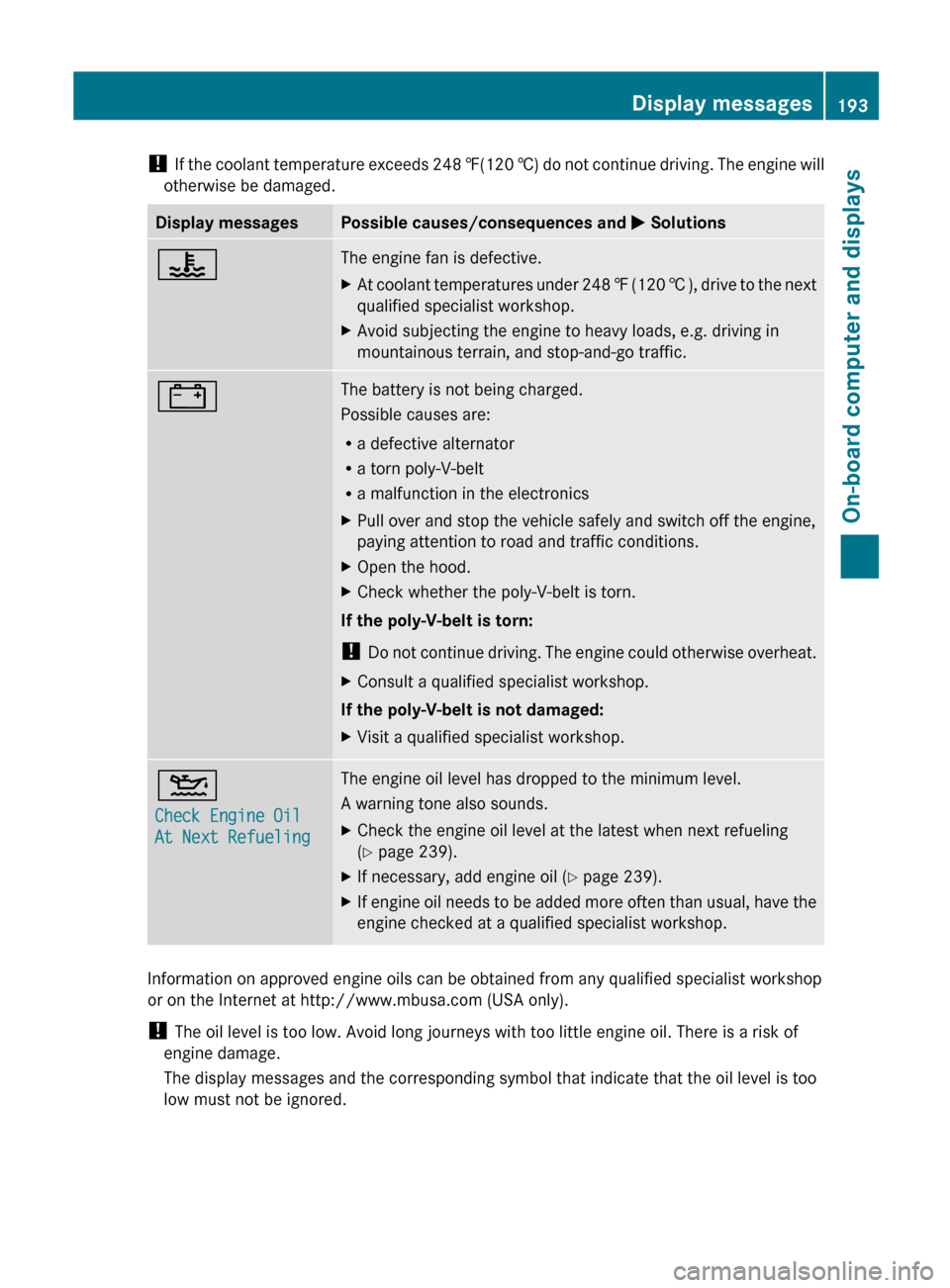 MERCEDES-BENZ GLK-Class 2012 X204 Owners Manual ! If the coolant temperature exceeds 248 ‡(120 †) do not continue driving. The engine will
otherwise be damaged.Display messagesPossible causes/consequences and M Solutions?The engine fan is de MERCEDES-BENZ GLK-Class 2012 X204 Owners Manual ! If the coolant temperature exceeds 248 ‡(120 †) do not continue driving. The engine will
otherwise be damaged.Display messagesPossible causes/consequences and M Solutions?The engine fan is de