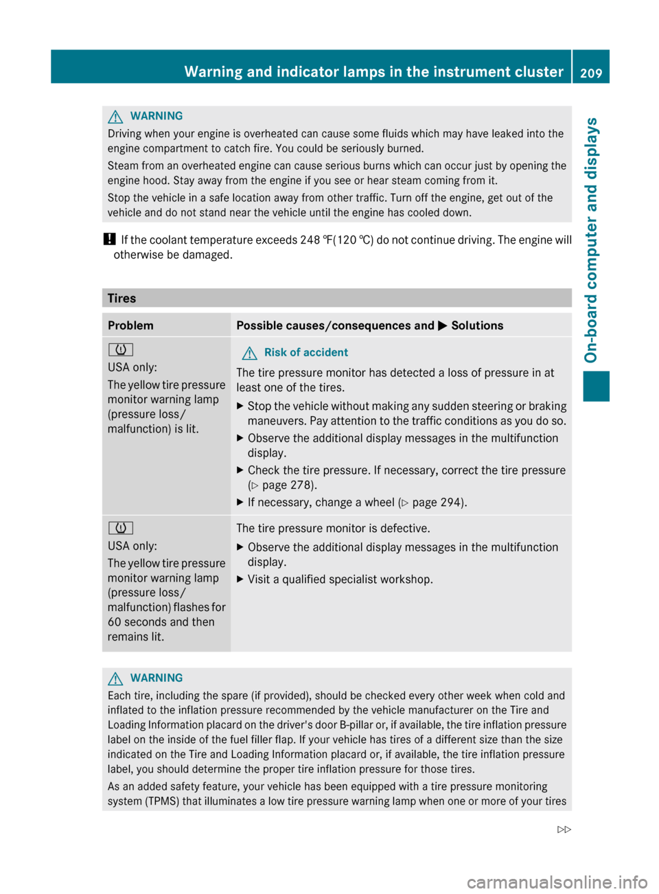 MERCEDES-BENZ GLK-Class 2012 X204 Owners Manual GWARNING
Driving when your engine is overheated can cause some fluids which may have leaked into the
engine compartment to catch fire. You could be seriously burned.
Steam from an overheated engine ca MERCEDES-BENZ GLK-Class 2012 X204 Owners Manual GWARNING
Driving when your engine is overheated can cause some fluids which may have leaked into the
engine compartment to catch fire. You could be seriously burned.
Steam from an overheated engine ca