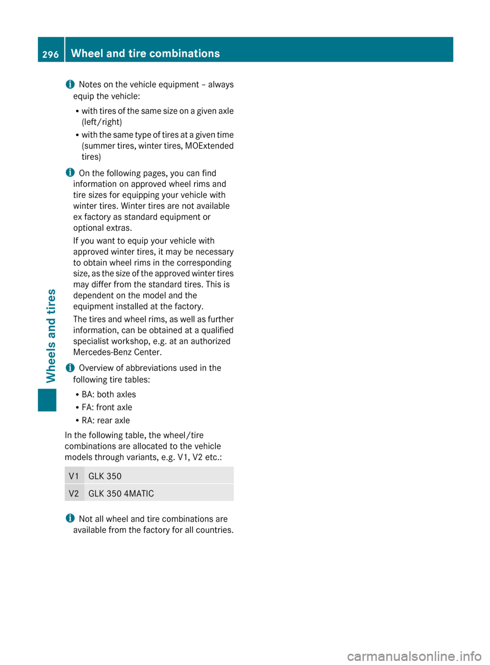 MERCEDES-BENZ GLK-Class 2012 X204 Owners Manual iNotes on the vehicle equipment – always
equip the vehicle:
R with tires of the same size on a given axle
(left/right)
R with the same type of tires at a given time
(summer tires, winter tires, MOEx