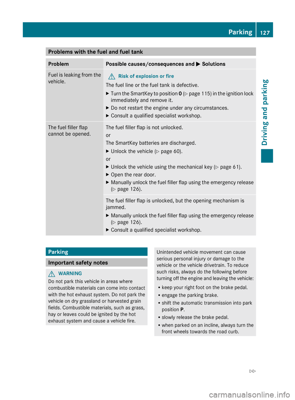 MERCEDES-BENZ G-Class 2012 W463 Owners Manual Problems with the fuel and fuel tank
Problem Possible causes/consequences and
M Solutions
Fuel is leaking from the
vehicle. G
Risk of explosion or fire
The fuel line or the fuel tank is defective.
MERCEDES-BENZ G-Class 2012 W463 Owners Manual Problems with the fuel and fuel tank
Problem Possible causes/consequences and
M Solutions
Fuel is leaking from the
vehicle. G
Risk of explosion or fire
The fuel line or the fuel tank is defective.