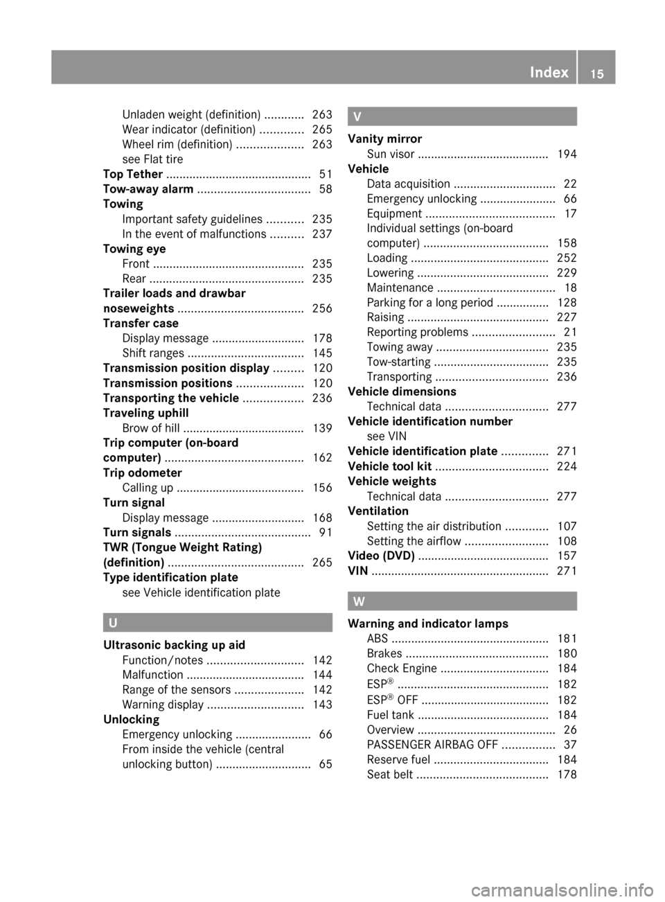 MERCEDES-BENZ G-Class 2012 W463 Owners Manual Unladen weight (definition) ............
263
Wear indicator (definition)  .............265
Wheel rim (definition)  
....................263
see Flat tire                                              
