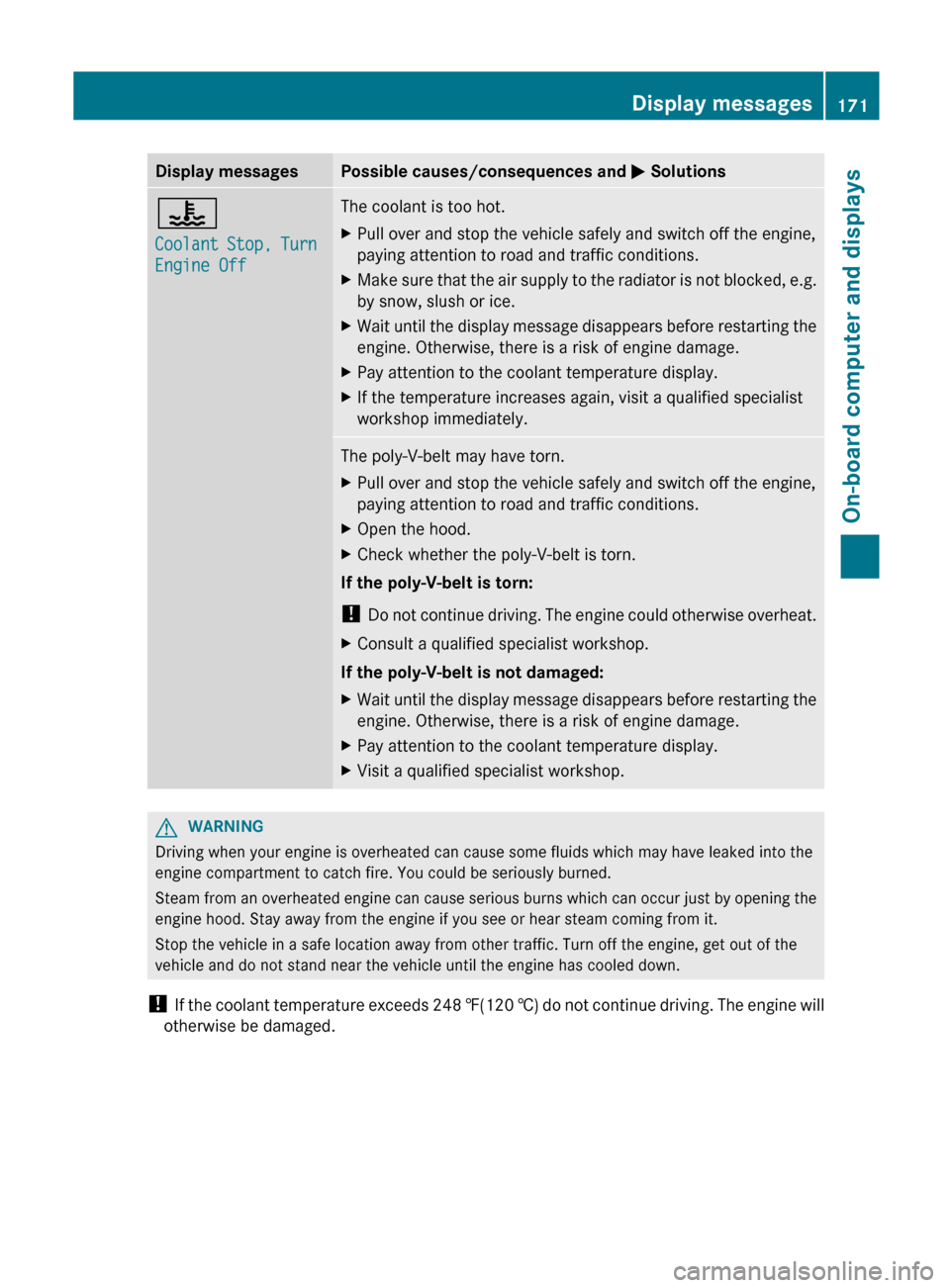 MERCEDES-BENZ G-Class 2012 W463 Owners Manual Display messages Possible causes/consequences and 
M Solutions?
Coolant 
Stop, 
Turn 
Engine Off The coolant is too hot.
X
Pull over and stop the vehicle safely and switch off the engine,
paying atten