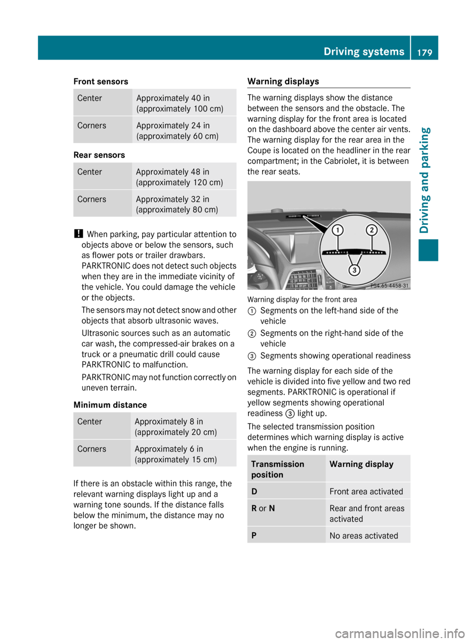 MERCEDES-BENZ E-Class CABRIOLET 2012 C207 Repair Manual Front sensorsCenterApproximately 40 in
(approximately 100 cm)CornersApproximately 24 in
(approximately 60 cm)
Rear sensors
CenterApproximately 48 in
(approximately 120 cm)CornersApproximately 32 in
(a MERCEDES-BENZ E-Class CABRIOLET 2012 C207 Repair Manual Front sensorsCenterApproximately 40 in
(approximately 100 cm)CornersApproximately 24 in
(approximately 60 cm)
Rear sensors
CenterApproximately 48 in
(approximately 120 cm)CornersApproximately 32 in
(a