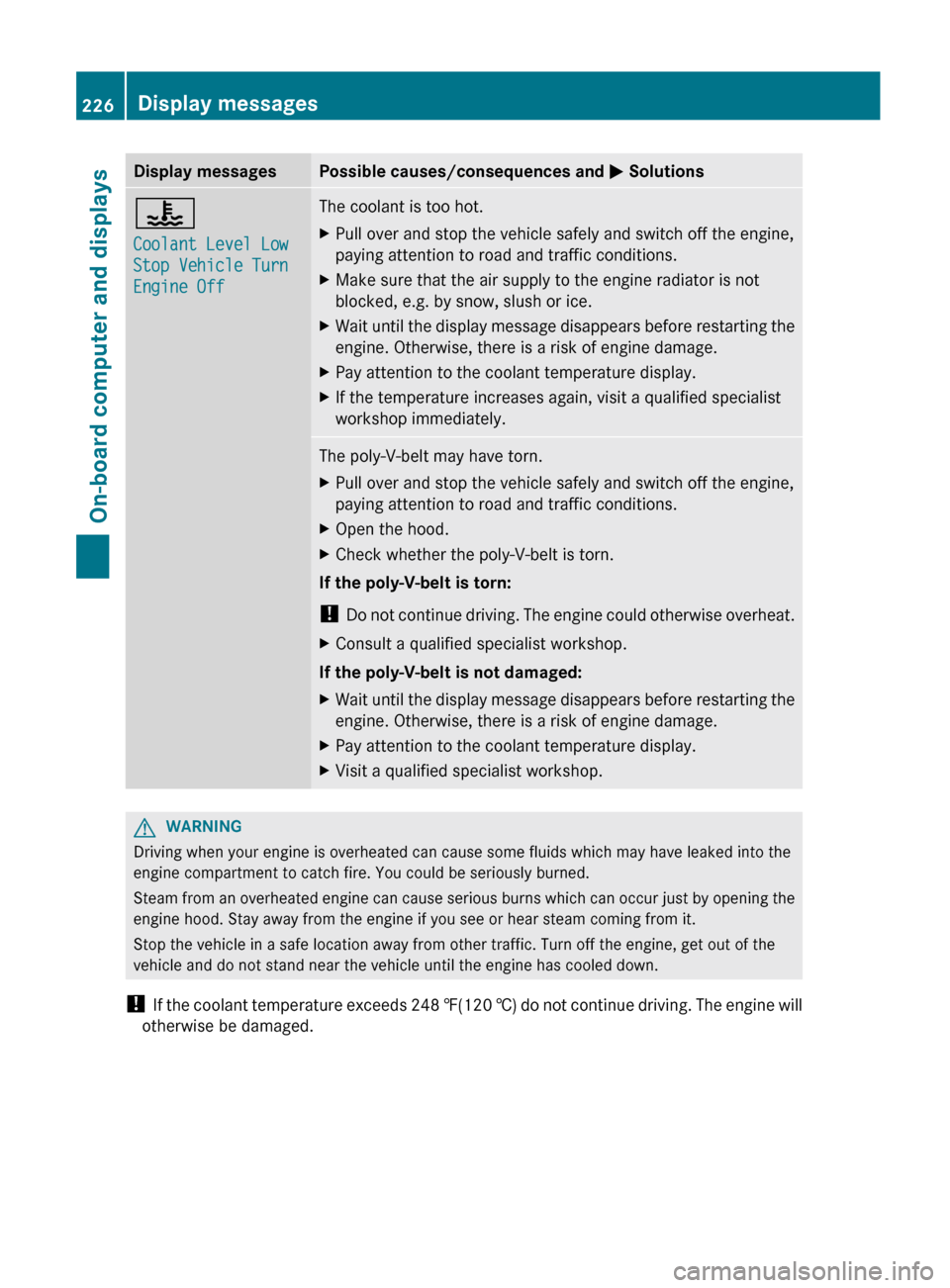 MERCEDES-BENZ E-Class COUPE 2012 C207 User Guide Display messagesPossible causes/consequences and M Solutions?
Coolant Level Low 
Stop Vehicle Turn 
Engine OffThe coolant is too hot.XPull over and stop the vehicle safely and switch off the engine,
p