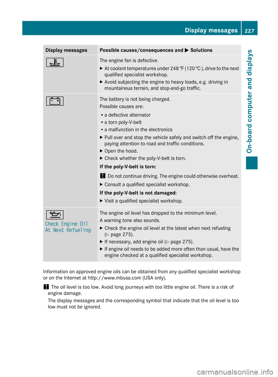 MERCEDES-BENZ E-Class CABRIOLET 2012 C207 Owners Manual Display messagesPossible causes/consequences and M Solutions?The engine fan is defective.XAt coolant temperatures under 248 ‡ (120 † ), drive to the next
qualified specialist workshop.XAvoid sub MERCEDES-BENZ E-Class CABRIOLET 2012 C207 Owners Manual Display messagesPossible causes/consequences and M Solutions?The engine fan is defective.XAt coolant temperatures under 248 ‡ (120 † ), drive to the next
qualified specialist workshop.XAvoid sub
