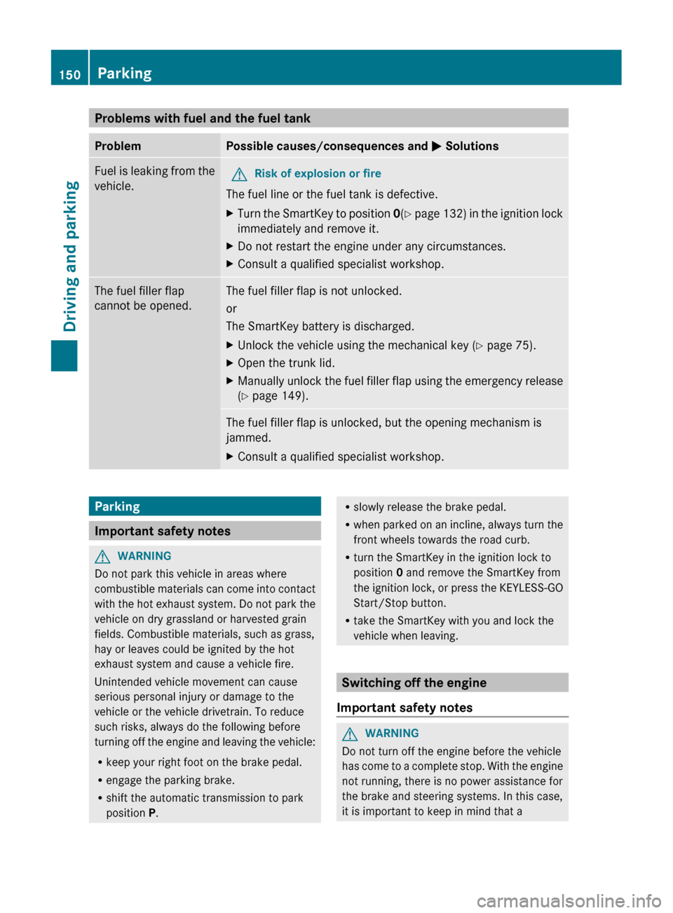 MERCEDES-BENZ CLS-Class 2012 W218 Owners Guide Problems with fuel and the fuel tankProblemPossible causes/consequences and M SolutionsFuel is leaking from the
vehicle.GRisk of explosion or fire
The fuel line or the fuel tank is defective.
XTurn th