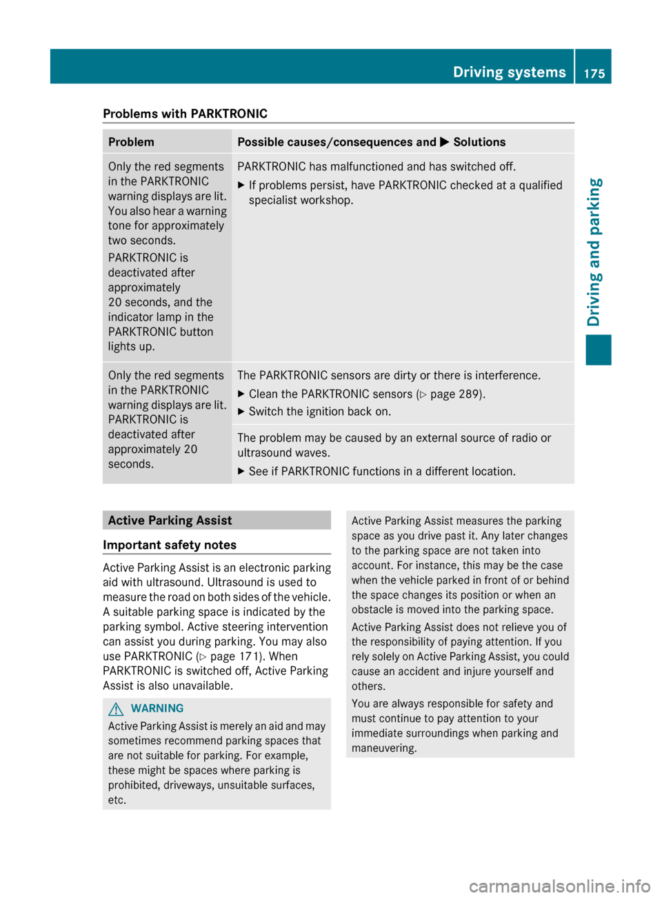 MERCEDES-BENZ CLS-Class 2012 W218 Owners Manual Problems with PARKTRONICProblemPossible causes/consequences and M SolutionsOnly the red segments
in the PARKTRONIC
warning displays are lit.
You also hear a warning
tone for approximately
two seconds.