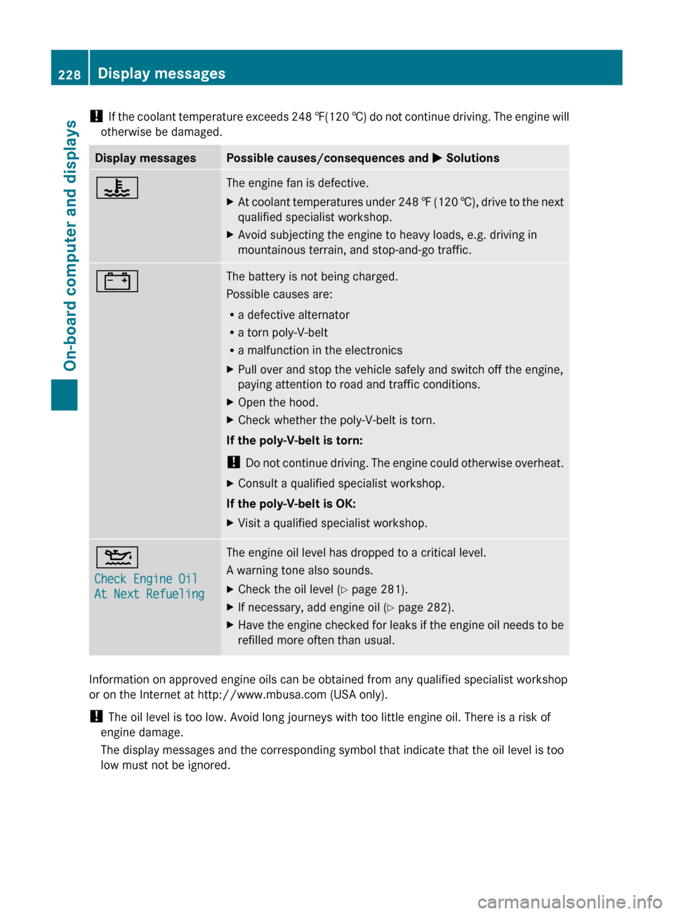MERCEDES-BENZ CLS-Class 2012 W218 Owners Manual ! If the coolant temperature exceeds 248 ‡(120 †) do not continue driving. The engine will
otherwise be damaged.Display messagesPossible causes/consequences and M Solutions?The engine fan is de MERCEDES-BENZ CLS-Class 2012 W218 Owners Manual ! If the coolant temperature exceeds 248 ‡(120 †) do not continue driving. The engine will
otherwise be damaged.Display messagesPossible causes/consequences and M Solutions?The engine fan is de