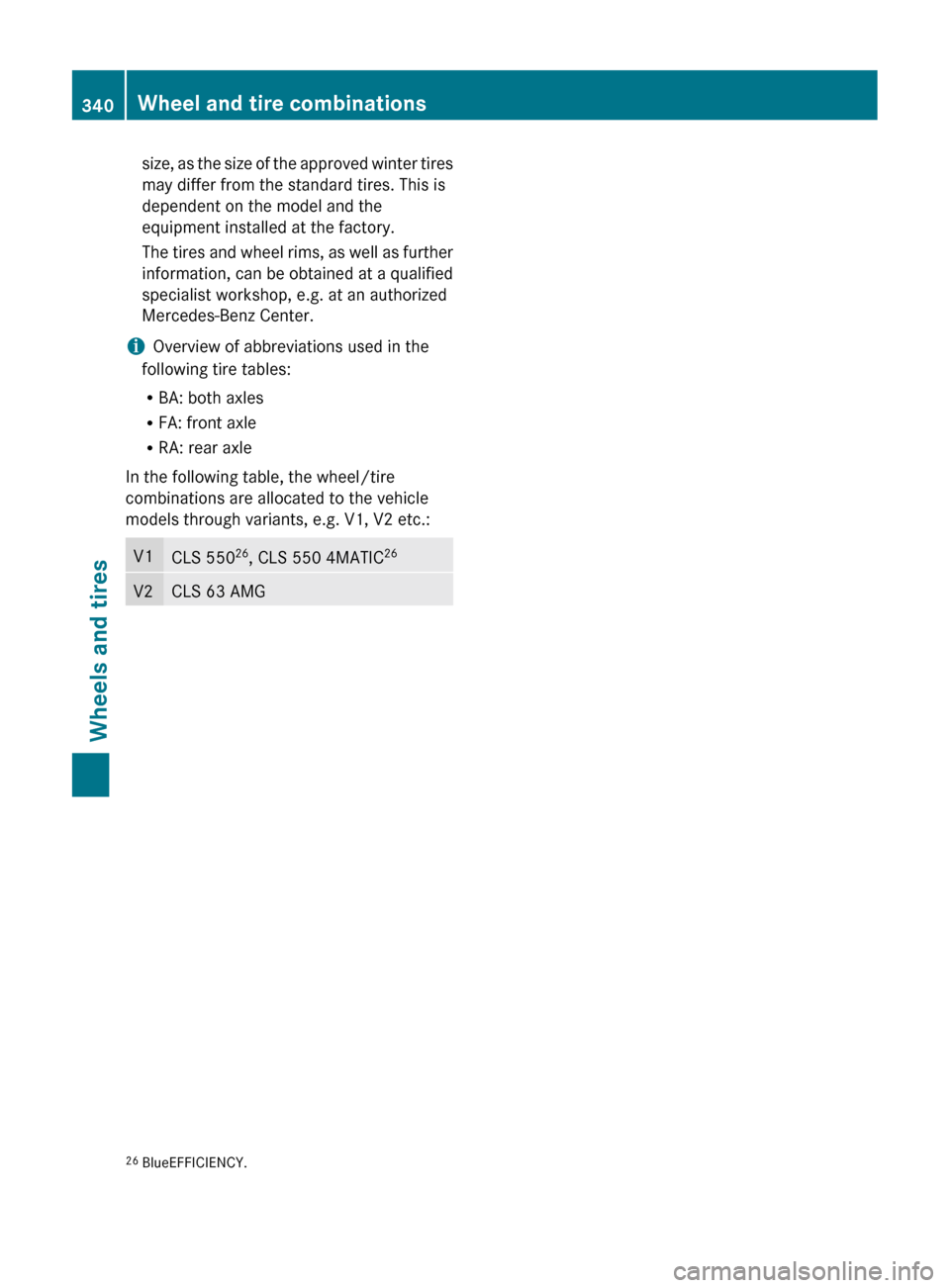 MERCEDES-BENZ CLS-Class 2012 W218 Owners Manual size, as the size of the approved winter tires
may differ from the standard tires. This is
dependent on the model and the
equipment installed at the factory.
The tires and wheel rims, as well as furth MERCEDES-BENZ CLS-Class 2012 W218 Owners Manual size, as the size of the approved winter tires
may differ from the standard tires. This is
dependent on the model and the
equipment installed at the factory.
The tires and wheel rims, as well as furth