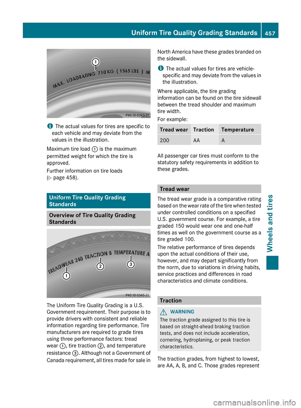 MERCEDES-BENZ CL-Class 2012 C216 Owners Manual iThe actual values for tires are specific to
each vehicle and may deviate from the
values in the illustration.
Maximum tire load  : is the maximum
permitted weight for which the tire is
approved.
Furt