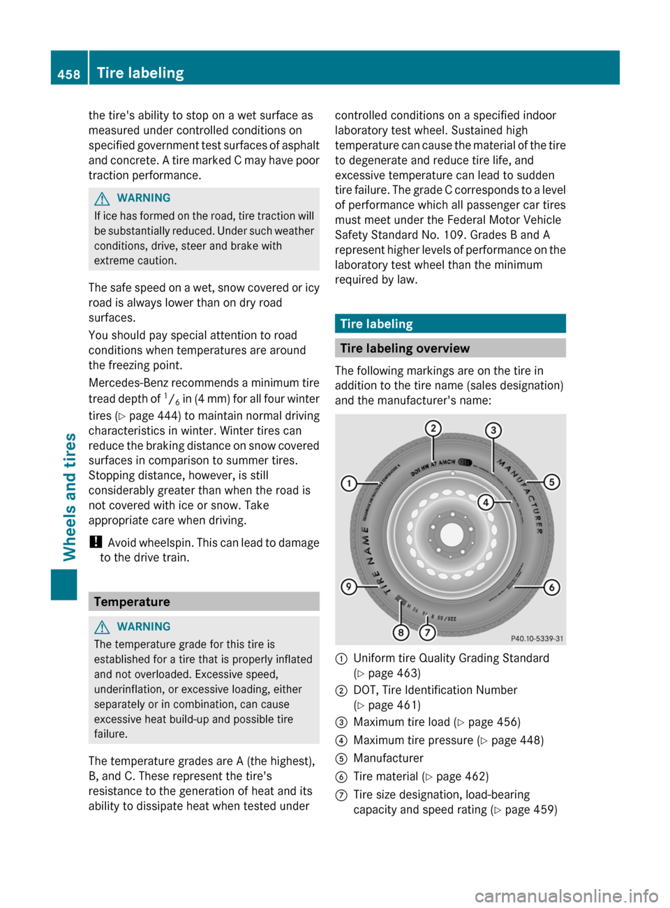 MERCEDES-BENZ CL-Class 2012 C216 Owners Manual the tires ability to stop on a wet surface as
measured under controlled conditions on
specified government test surfaces of asphalt
and concrete. A tire marked C may have poor
traction performance.GW