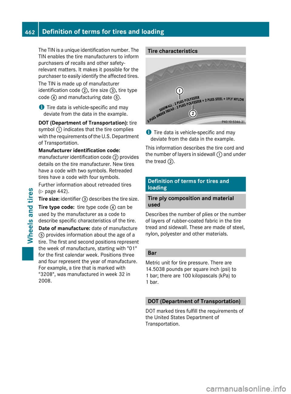 MERCEDES-BENZ CL-Class 2012 C216 Owners Manual The TIN is a unique identification number. The
TIN enables the tire manufacturers to inform
purchasers of recalls and other safety-
relevant matters. It makes it possible for the
purchaser to easily i