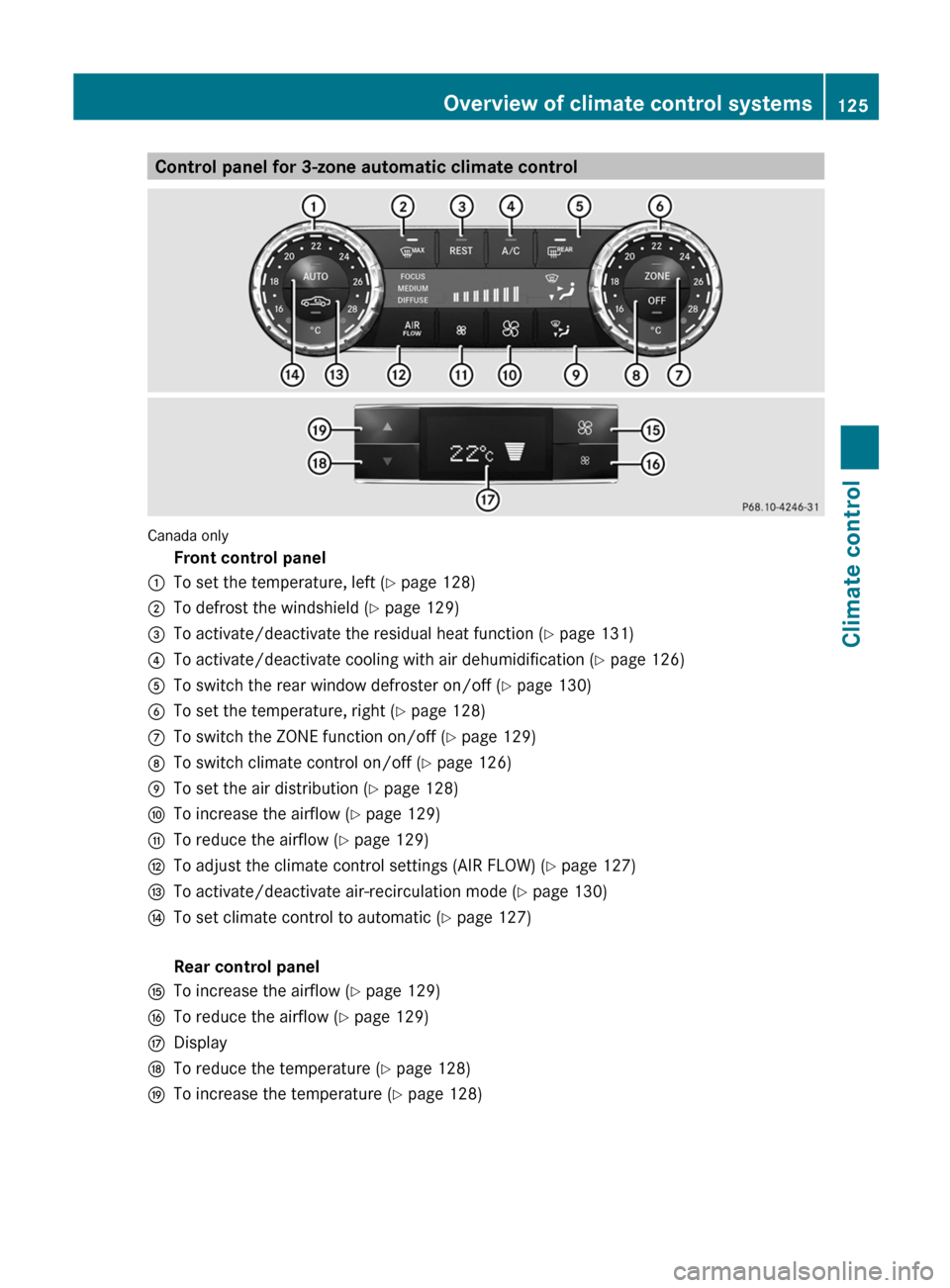 MERCEDES-BENZ C-Class SEDAN 2012 W204 Owners Manual Control panel for 3-zone automatic climate control
Canada only
Front control panel:To set the temperature, left (Y page 128);To defrost the windshield ( Y page 129)=To activate/deactivate the residual