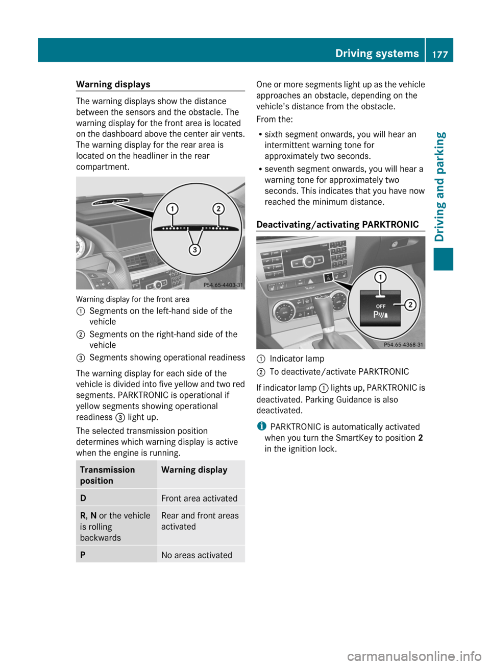 MERCEDES-BENZ C-Class SEDAN 2012 W204 Owners Manual Warning displays
The warning displays show the distance
between the sensors and the obstacle. The
warning display for the front area is located
on the dashboard above the center air vents.
The warning