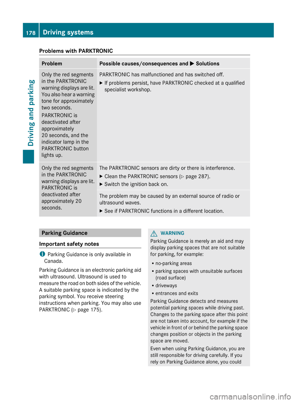 MERCEDES-BENZ C-Class SEDAN 2012 W204 Owners Manual Problems with PARKTRONICProblemPossible causes/consequences and M SolutionsOnly the red segments
in the PARKTRONIC
warning displays are lit.
You also hear a warning
tone for approximately
two seconds.