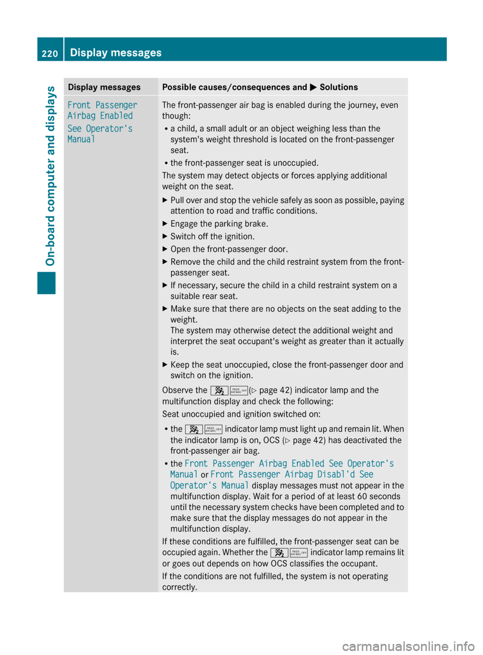 MERCEDES-BENZ C-Class SEDAN 2012 W204 Owners Manual Display messagesPossible causes/consequences and M SolutionsFront Passenger 
Airbag Enabled
See Operators 
ManualThe front-passenger air bag is enabled during the journey, even
though:
R a child, a s