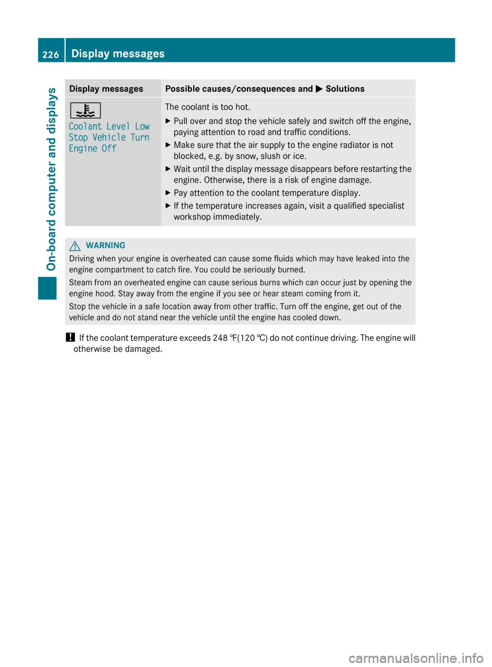 MERCEDES-BENZ C-Class SEDAN 2012 W204 User Guide Display messagesPossible causes/consequences and M Solutions?
Coolant Level Low 
Stop Vehicle Turn 
Engine OffThe coolant is too hot.XPull over and stop the vehicle safely and switch off the engine,
p